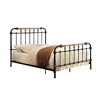 Curved Headboard Metal Full Size Bed with Spindles, Black and Gold