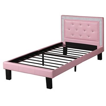 Polyurethane Twin Size Bed In High Headboard In Pink