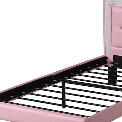 Polyurethane Twin Size Bed In High Headboard In Pink