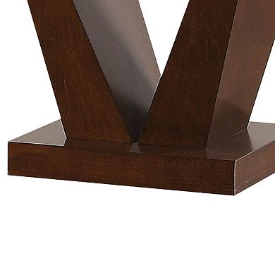 Square Marble Top End Table With Wooden "V" Shape Base, White And Brown