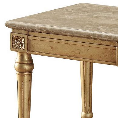 Marble Top End Table With Fluted Detail Wooden Turned Legs, Gold