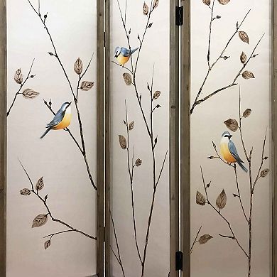 Art Styled 3 Panel Wooden Screen with Hand painted Fabric Design, Beige