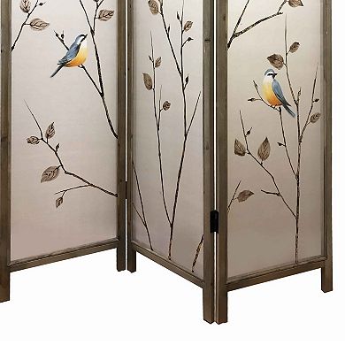 Art Styled 3 Panel Wooden Screen with Hand painted Fabric Design, Beige