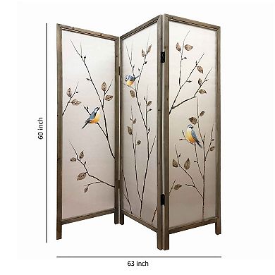 Art Styled 3 Panel Wooden Screen with Hand painted Fabric Design, Beige