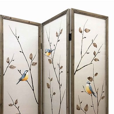 Art Styled 3 Panel Wooden Screen with Hand painted Fabric Design, Beige