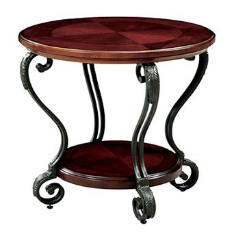 Round Wood and Metal End Table with Scroll Details, Brown