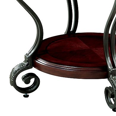Round Wood and Metal End Table with Scroll Details, Brown