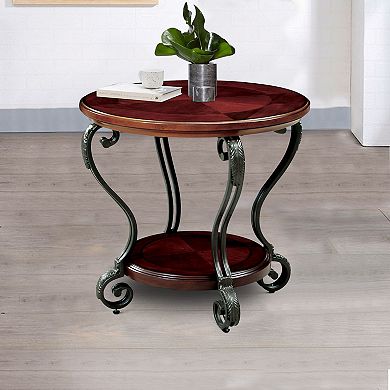 Round Wood and Metal End Table with Scroll Details, Brown