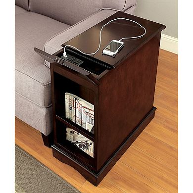 1 Cabinet Wooden Side Table with Power Hub and Pull Out Tray, Brown