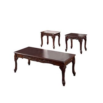 3 pc Occasional Wooden Table Set with Engraved Details, Cherry Brown