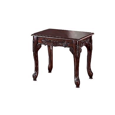 3 Piece Occasional Wooden Table Set with Engraved Details, Cherry Brown