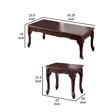 3 Piece Occasional Wooden Table Set with Engraved Details, Cherry Brown