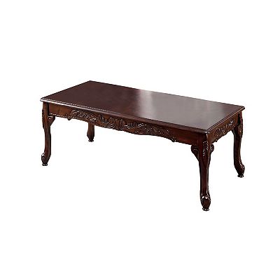 3 Piece Occasional Wooden Table Set with Engraved Details, Cherry Brown