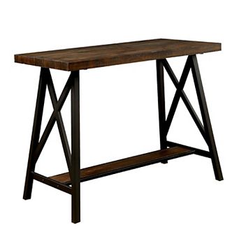 Wooden Counter Height Table With Angled Metal Legs, Black And Brown