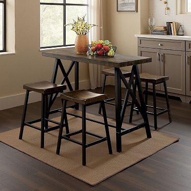 Wooden Counter Height Table With Angled Metal Legs, Black And Brown
