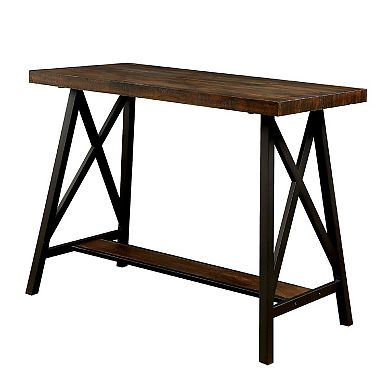 Wooden Counter Height Table With Angled Metal Legs, Black And Brown