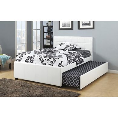 Multi utility Twin Bed With Trundle Squ Tufted Head Boards White
