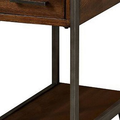 Rectangular Wood and Metal Side Table with USB Outlet, Brown and Gray