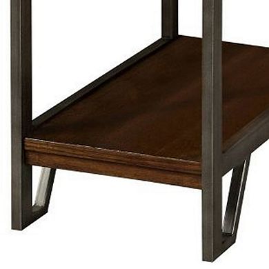 Rectangular Wood and Metal Side Table with USB Outlet, Brown and Gray