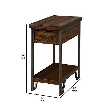 Rectangular Wood and Metal Side Table with USB Outlet, Brown and Gray