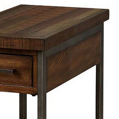 Rectangular Wood and Metal Side Table with USB Outlet, Brown and Gray