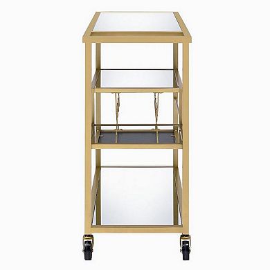 Metal Framed Serving Cart with Wine Bottle Holder and Stemware, Gold and Clear