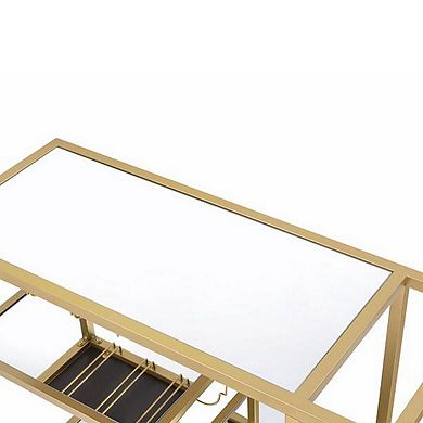 Metal Framed Serving Cart with Wine Bottle Holder and Stemware, Gold and Clear