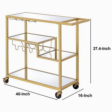 Metal Framed Serving Cart with Wine Bottle Holder and Stemware, Gold and Clear
