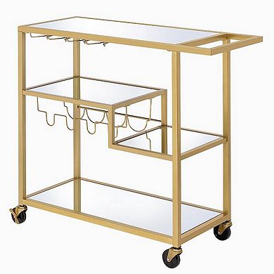 Metal Framed Serving Cart with Wine Bottle Holder and Stemware, Gold and Clear