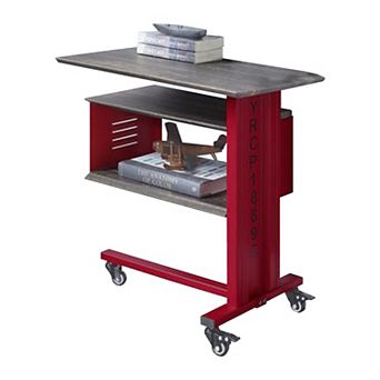 Accent Table with Metal Cargo Style and 3 Caster Wheels, Red