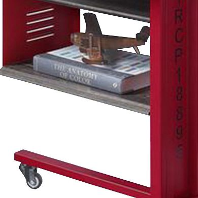 Accent Table with Metal Cargo Style and 3 Caster Wheels, Red