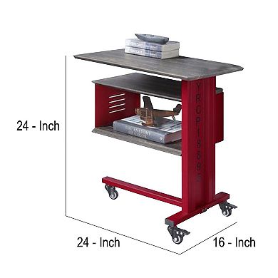 Accent Table with Metal Cargo Style and 3 Caster Wheels, Red