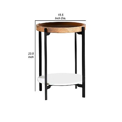 24 Inch Modern End Accent Table, Round Marble Shelf, Wood, White, Brown