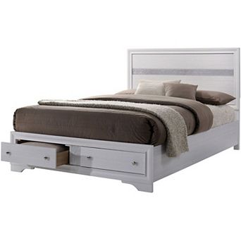 Panel Design Eastern King Bed with Silver Accents and Bracket Feet, White