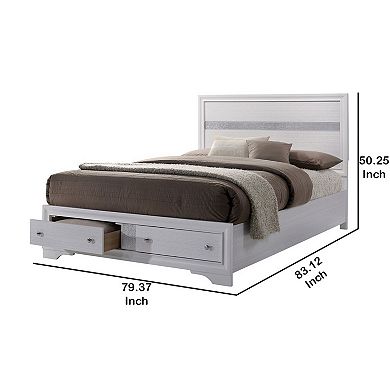 Panel Design Eastern King Bed with Silver Accents and Bracket Feet, White