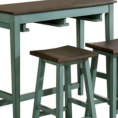 3 Piece Bar Table Set with Contoured Seat, Antique Blue and Brown