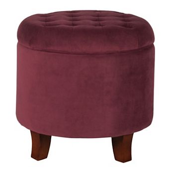 Button Tufted Velvet Upholstered Wooden Ottoman with Hidden Storage, Red and Brown