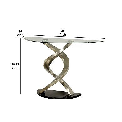 Sofa Table with Twisted Metal Base and Semi Circular Glass Top, Silver