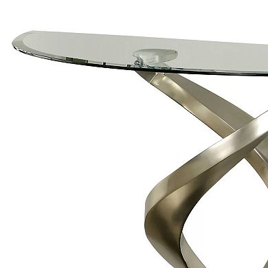 Sofa Table with Twisted Metal Base and Semi Circular Glass Top, Silver