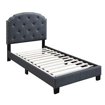 Twin Bed with Button Tufted Scalloped Headboard, Gray
