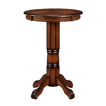 Ava 42 Inch Wood Pub Bar Table, Sunburst Design, Carved Pedestal, Brown
