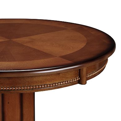 Ava 42 Inch Wood Pub Bar Table, Sunburst Design, Carved Pedestal, Brown