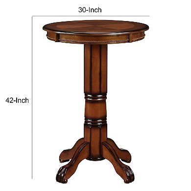 Ava 42 Inch Wood Pub Bar Table, Sunburst Design, Carved Pedestal, Brown