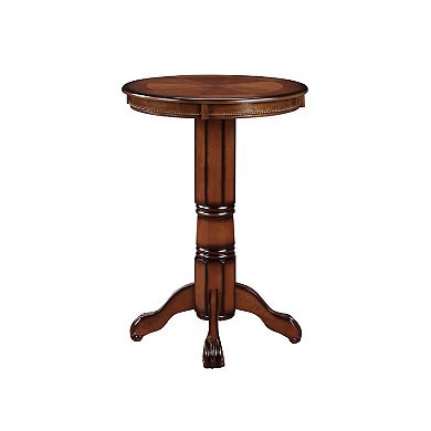 Ava 42 Inch Wood Pub Bar Table, Sunburst Design, Carved Pedestal, Brown
