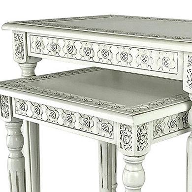 Elegantly Engraved Wooden Frame Nesting Table, Set of 2, Antique White