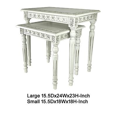 Elegantly Engraved Wooden Frame Nesting Table, Set of 2, Antique White