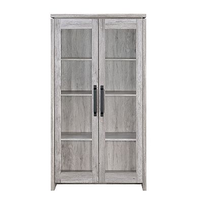 Spacious Wooden Curio Cabinet With Two Glass Doors, Gray