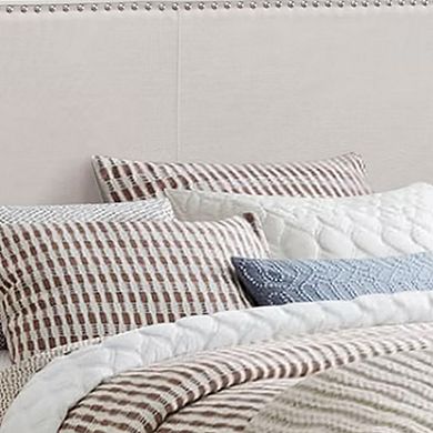 Fabric Upholstered Queen Size Platform Bed with Nail Head Trim, Ivory