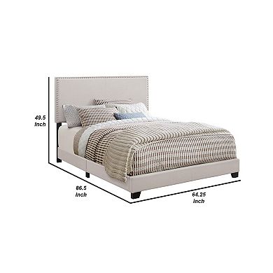Fabric Upholstered Queen Size Platform Bed with Nail Head Trim, Ivory
