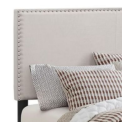 Fabric Upholstered Queen Size Platform Bed with Nail Head Trim, Ivory
